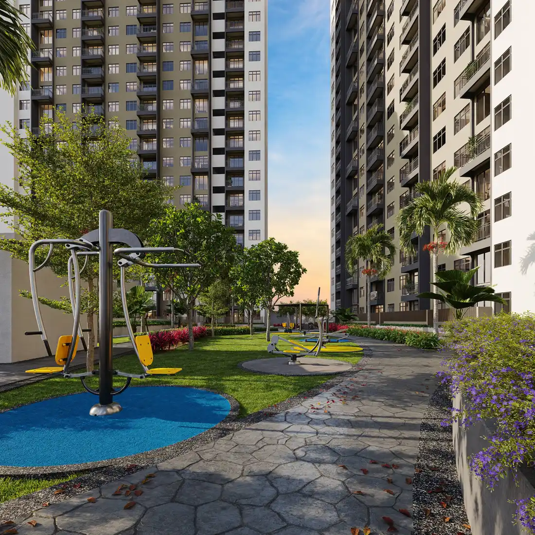 Landscaped outdoor gym and walkway between two Verte Medini Residence towers
